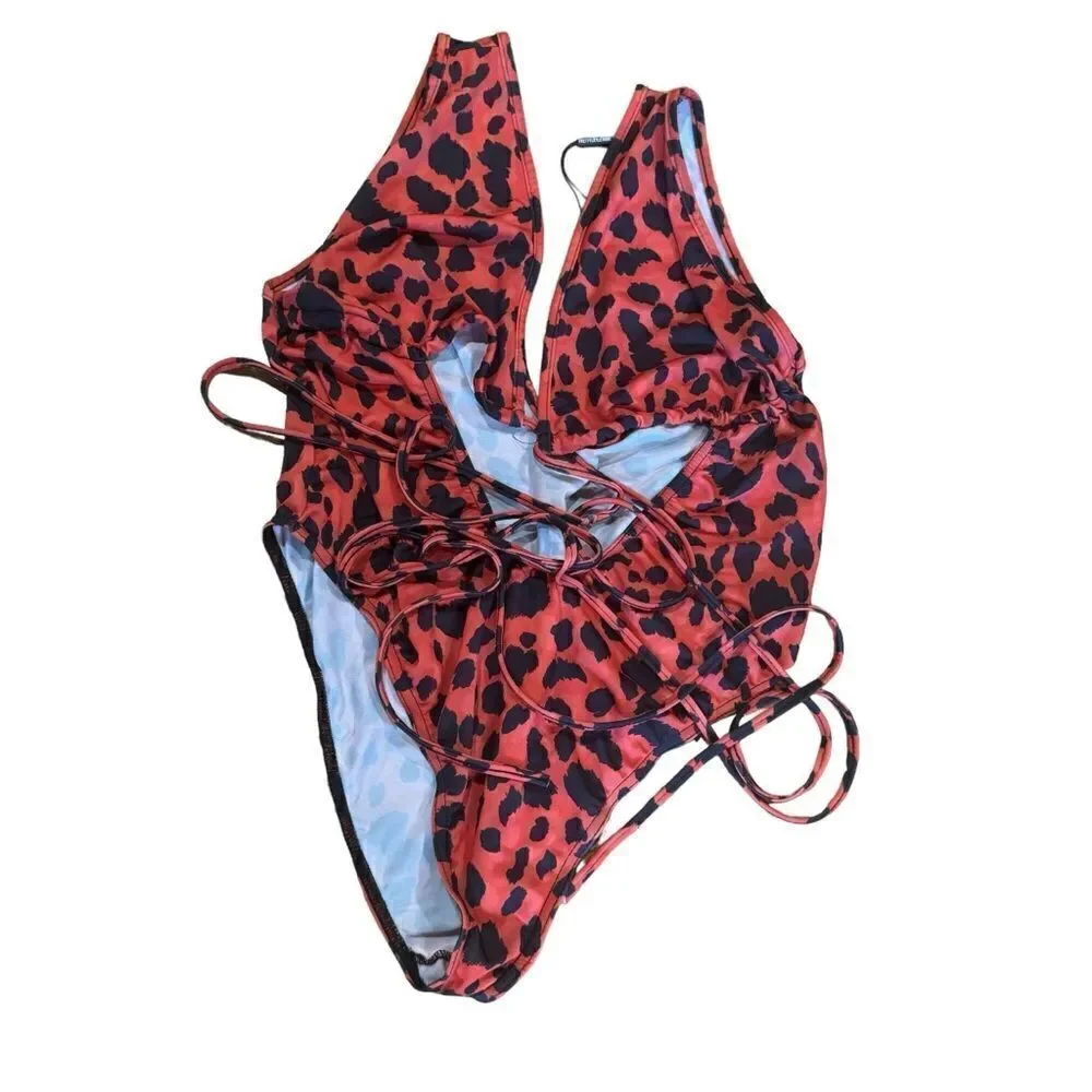 Prettylittlething Red Leopard Cut Out Wrap Around Swimsuit One Piece